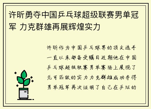 许昕勇夺中国乒乓球超级联赛男单冠军 力克群雄再展辉煌实力