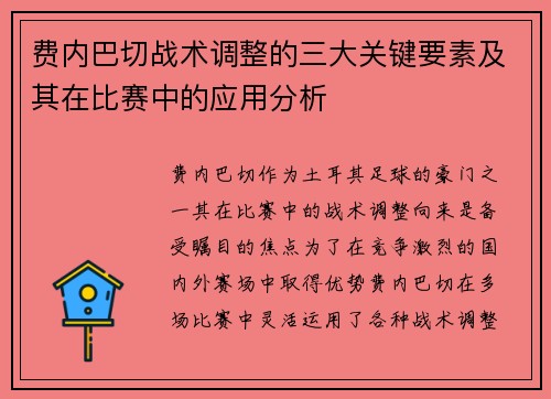 费内巴切战术调整的三大关键要素及其在比赛中的应用分析