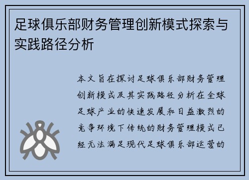 足球俱乐部财务管理创新模式探索与实践路径分析