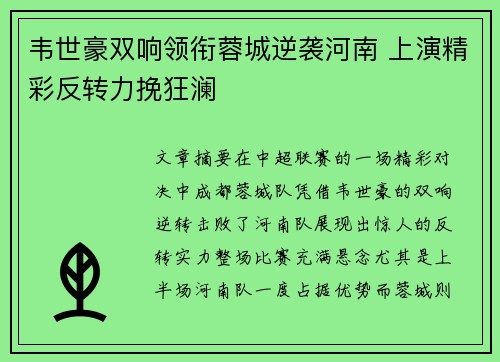 韦世豪双响领衔蓉城逆袭河南 上演精彩反转力挽狂澜
