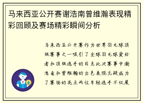 马来西亚公开赛谢浩南曾维瀚表现精彩回顾及赛场精彩瞬间分析
