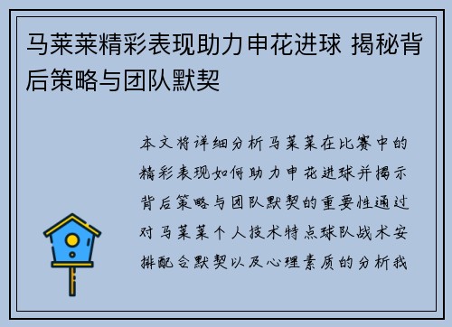 马莱莱精彩表现助力申花进球 揭秘背后策略与团队默契